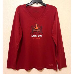 LIFE IS GOOD Adirondack Red "Log On" Fireplace Long Sleeve Crusher Tee Women's L